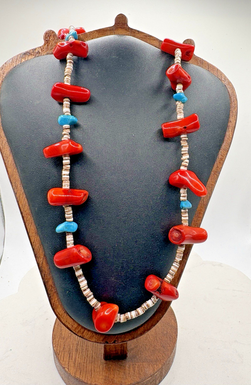 Sterling Silver Beads Clasp Red Coral Turquoise Shell Heishi Necklace 28" 56 g